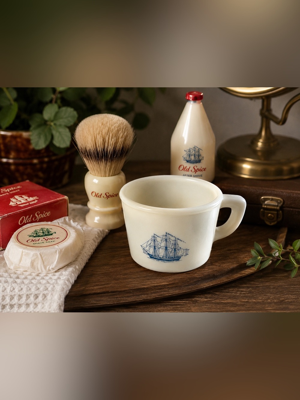 Vintage Old Spice Shulton Milk Glass Shaving Mug Blue Sailing Ship 1960s–70s
